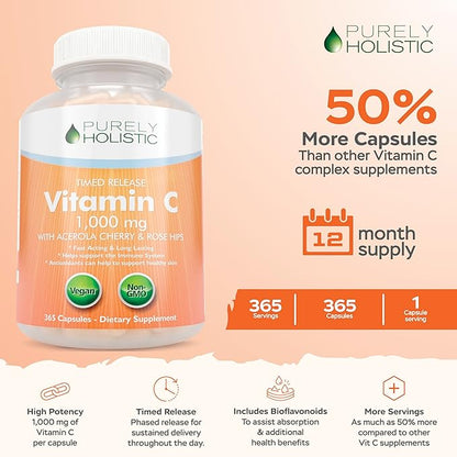 Purely Holistic Vitamin C 1000mg + Organic Elderberry Syrup Bundle - 365 Vegan Capsules + 16 fl oz - with Rosehip, Acerola Cherry, Propolis Echinacea & More - Made in USA