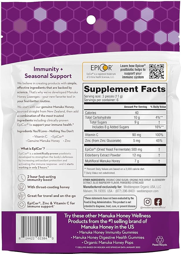 Wedderspoon Manuka Honey Immunity Lozenges, Elderberry, 2.6 Oz (Pack of 1), Genuine New Zealand Honey, Boost Immunity Within Two Hours