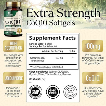 CoQ10 100mg Softgels - Better Absorption, Antioxidant for Heart Health & Cellular Energy Support - Nature's Co Q10 Vitamins, Non-GMO & Gluten Free, Coenzyme Q10 Supplement - 60 Softgels