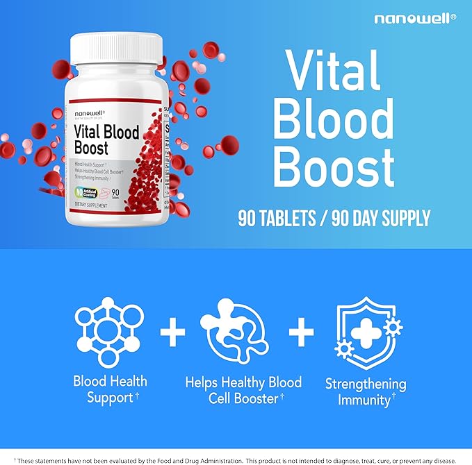 Vital Blood Boost - Dietary Supplement for White and Red Blood Cell Support - Iron with Selenium, Zinc, Vitamin B12 & Folic Acid - 90 Tablets x 3 Bottles, 270 Day Supply