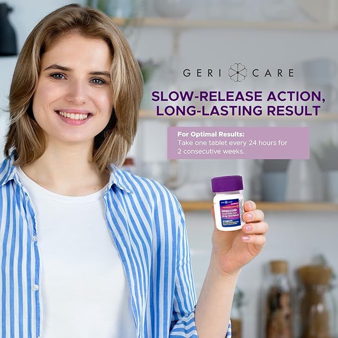 GeriCare Omeprazole Delayed Release Tablets 20mg Stomach Acid Reducer Pills for 24 Hour Heartburn Relief- Acid Reflux Medicine to Treat Frequent Heartburn- Anti-Acid Relief Tablets (42 Count)