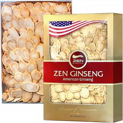 Zen American Wisconsin Ginseng Slices — Improved Energy, Performance, & Mental Health for Men & Women (8oz. Box)
