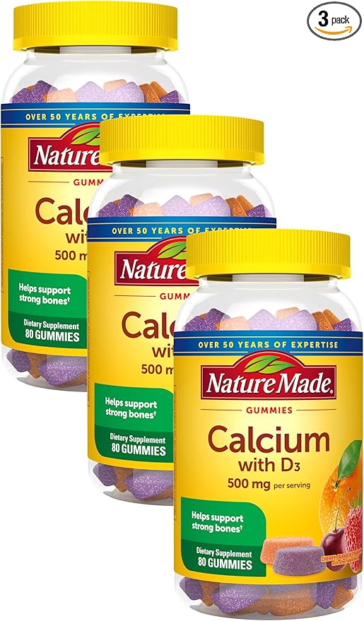 Nature Made Calcium Gummies 500 mg Per Serving with Vitamin D3, Dietary Supplement for Bone Support, 80 Gummies, 40 Day Supply (Pack of 3)