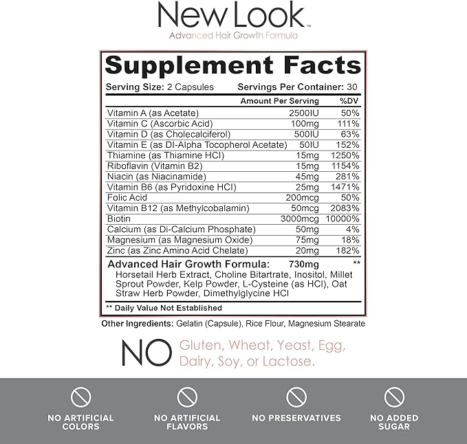 New Look Hair Growth Support Vitamins for Women and Men | Clinical Strength Supplement for Hair Loss | Supports Thicker, Fuller Hair with Biotin - 60 Capsules