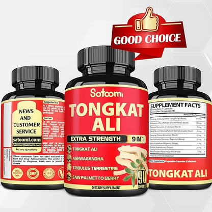Satoomi 9in1 Tongkat Ali Root Extract - Ashwagandha, Tribulus Terrestris - 90 Capsules for 3 Months - Support Strength, Energy & Healthy Immune