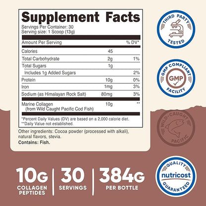 Nutricost Marine Collagen (Chocolate Flavor) 30 Servings - Collagen Supplement from Wild Caught Pacific Cod Fish