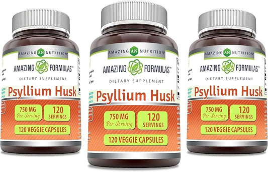 Amazing Formulas Psyllium Husk 750mg Veggie Capsules Supplement | Non-GMO | Gluten Free | Made in USA | Suitable for Vegetarians (120 Count | 3 Pack)