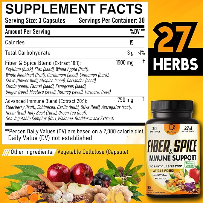 27in1 Fiber and Spice Supplement - Combined with Organic Psyllium, Whole Apple, Elderberry & More - Support Mood, Body & Immunity - 90 Capsules for 1 Month