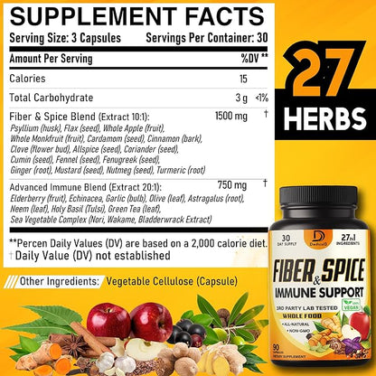 27in1 Fiber and Spice Supplement - Combined with Organic Psyllium, Whole Apple, Elderberry & More - Support Mood, Body & Immunity - 90 Capsules for 1 Month