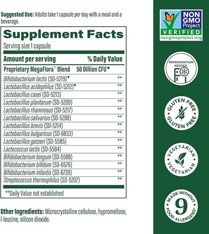 MegaFood MegaFlora Probiotic Plus - Probiotics for Women Digestive Health- Probiotics for Men - 50 Billion CFUs & 14 Strains - Immune Support Supplement - Vegetarian - 30 Capsules, 30 Servings