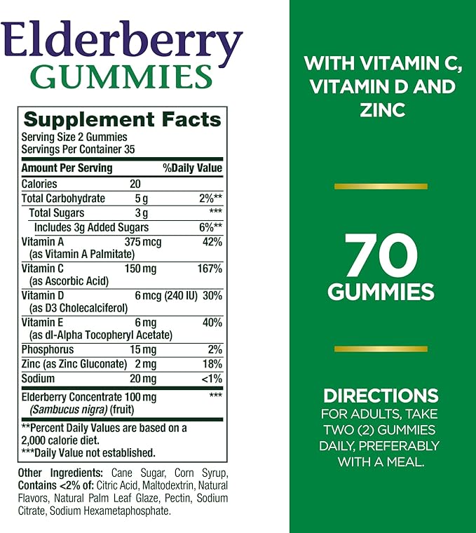 Nature's Bounty Elderberry Gummies, Dietary Supplement, Supports Immune Health, Contains Vitamin A, C, D, E and Zinc, 100 mg, 70 Gummies (Pack of 3)