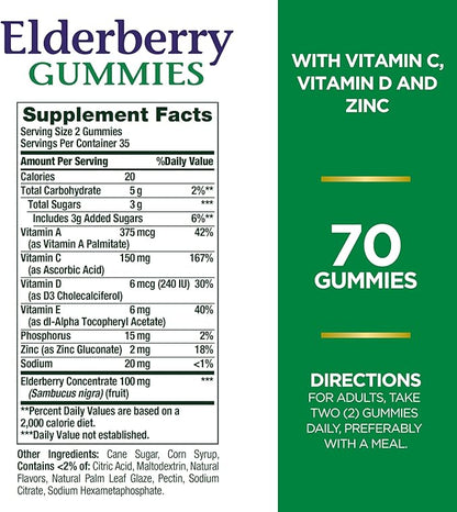 Nature's Bounty Elderberry Gummies, Dietary Supplement, Supports Immune Health, Contains Vitamin A, C, D, E and Zinc, 100 mg, 70 Gummies (Pack of 3)