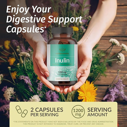 HERBAMAMA Inulin Powder Capsules 1200mg - Digestive Support & Gut Cleanse with Inulin Prebiotic Fiber - Vegan, Non-GMO Chicory Root Powder Supplement, 100 Caps, 16-Day Supply