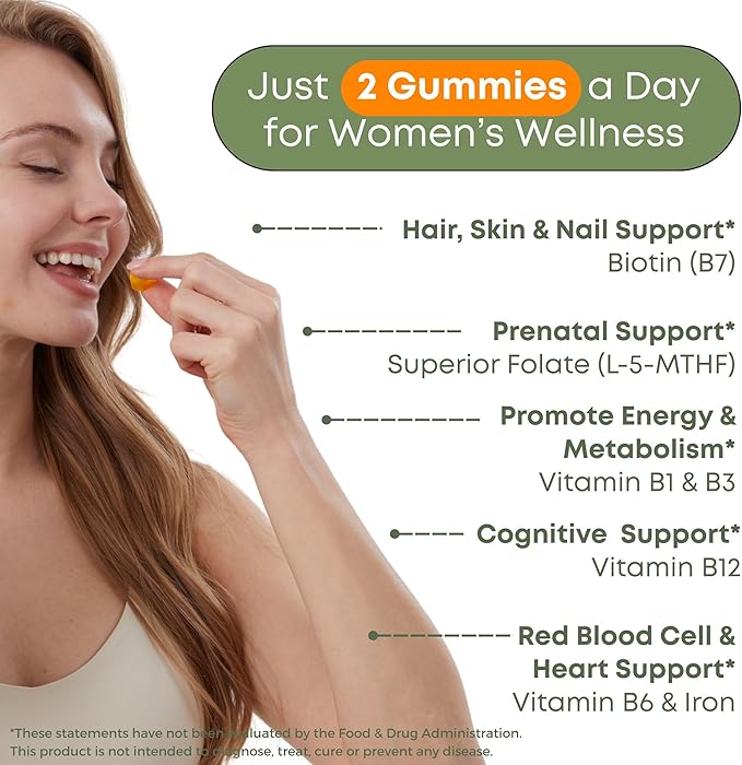 Vitamin B Complex Gummies for Women - 7 Essential Vitamins and Iron, Energy, Immune, Prenatal Support, Portable Pouch, Tropical Flavor, Made in USA, 60 Count