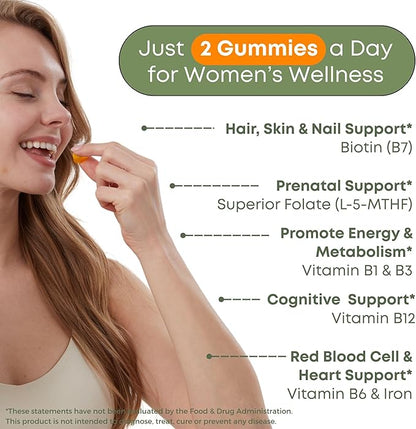 Vitamin B Complex Gummies for Women - 7 Essential Vitamins and Iron, Energy, Immune, Prenatal Support, Portable Pouch, Tropical Flavor, Made in USA, 60 Count