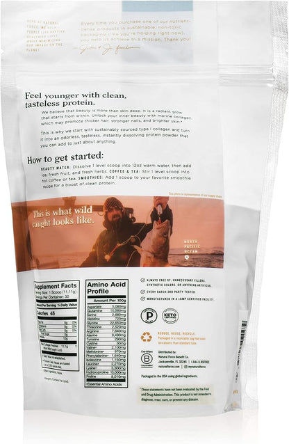 Natural Force Clean Marine Collagen Powder – Tested for Toxins – Certified Keto & Paleo – Hydrolyzed Pure Type I Protein for Anti Aging, Skin, Hair, and Nails – Wild Caught + Non-GMO, 11.7 Ounce