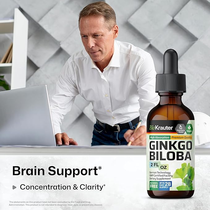 BIO KRAUTER Ginkgo Biloba Extract - Liquid Ginkgo Biloba Supplements for Brain - Vegan, Alcohol & Sugar Free - 2 Fl Oz