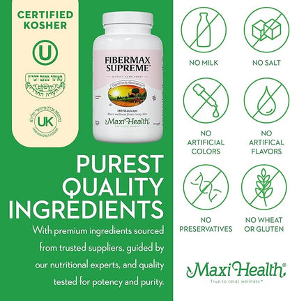 Maxi Health Maxi Fiber Kosher Daily Supplement 1500 mg Fiber Capsules with Psyllium Husk, Dietary Pills for Adults Capsules 180 Count (Pack of 1)
