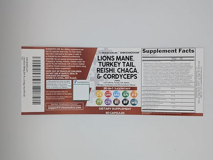 Clean Nutraceuticals Lions Mane 20in1 Mushroom Supplement with Turkey Tail Reishi Cordyceps Chaga Maitake Meshima Poria Cocos Shiitake Oyster Porcini Enoki (5)