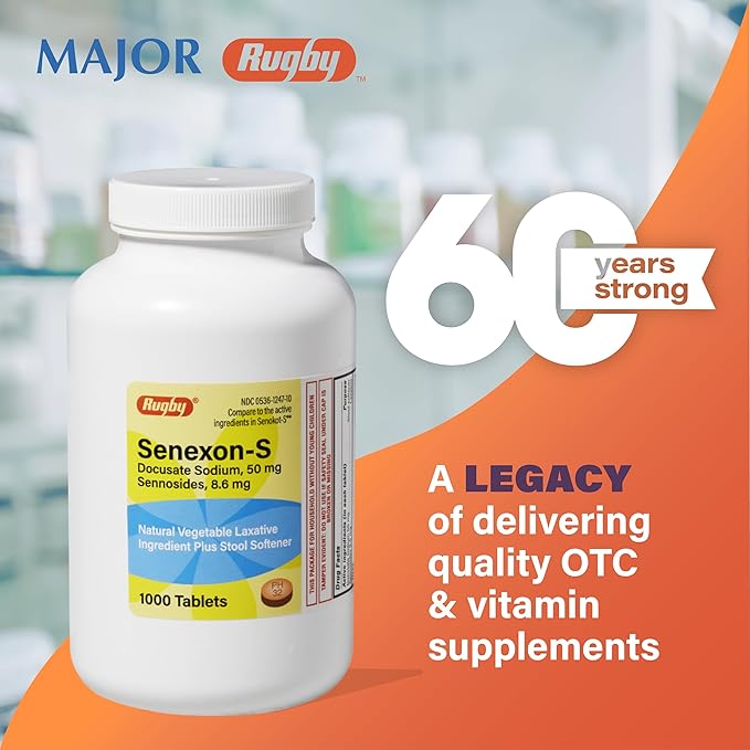 Rugby Senexon-S Natural Vegetable Laxative Plus Stool Softener - Docusate Sodium, 50 mg - Sennosides, 8.6 mg - 1000 Tablets