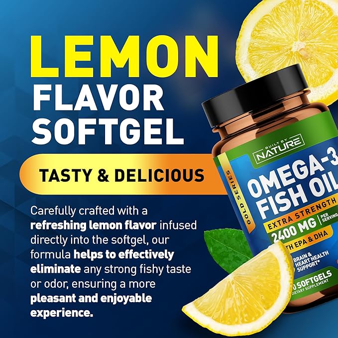Built by Nature Omega 3 Fish Oil Soft Gels - 2400 mg Fish Oil, 1440 mg Omega 3, 864 mg EPA, 576 mg DHA - Extra Strength Brain & Heart Health Support Supplement - 60 Softgels