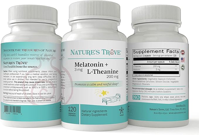 Nature's Trove Melatonin 3mg + L Theanine 200mg – Calm and Relaxation – 120 Kosher Vegetarian Capsules