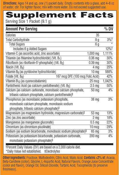 Emergen-C 1000mg Vitamin C Powder for Daily Immune Support Caffeine Free Vitamin C Supplements with Zinc and Manganese, B Vitamins and Electrolytes, Super Orange Flavor - 10 Count