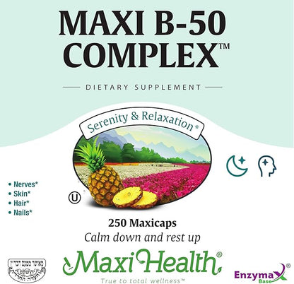 Maxi Health Stress Relief Vitamin B Complex for Women and Men, Vitamin B6, B12, Biotin, Inositol, Folate, Vegan, Gluten & Soy & Milk Free, Kosher, Unflavored, 100 Count