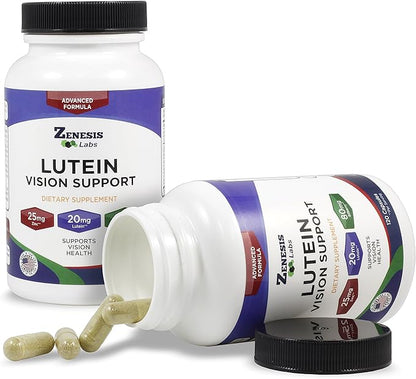Zenesis Labs Lutein Vision Support - Essential Eye Vitamin - with Bilberry, Beta-Carotene, Zinc, Grapeseed & Other Minerals Bulk 360 Capsules, 180 Day Supply (120 Capsules/Bottle)