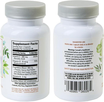 Quantum Health Sleep Immune Support Supplement Melatonin 2mg L Theanine & Valerian Root Plus Elderberry Vitamin C & D Immunity Boost - 30 Capsules