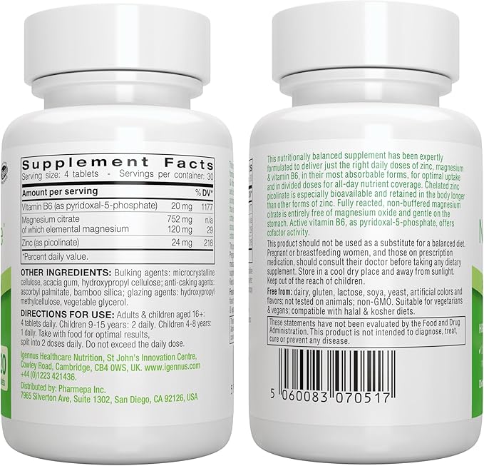 Igennus Neurobalance High Absorption Zinc Magnesium & B6 Complex, Cognitive Support, Focus & Recovery, 24mg Chelated Zinc Picolinate, Oxide-Free Magnesium, Vegan, Non-GMO, 120 Tablets