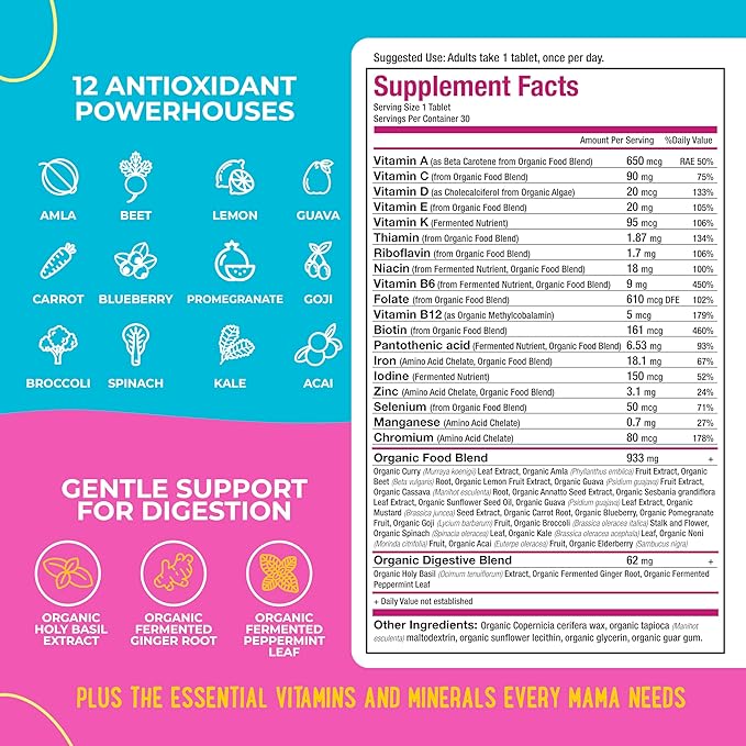 Mama Natural Organic Prenatal Vitamins for Women Vegan (30 Servings) | One A Day Prenatal Vitamins for Pregnant Women | Food Based, Non-GMO & Gluten-Free - Pre Natal Multivitamin with Folate