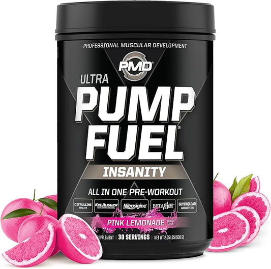 PMD Sports Ultra Pump Fuel Insanity - Pre Workout Drink Mix for Energy, Strength, Endurance, Recovery - Complex Carbohydrates and Amino Energy - Electric Pink Lemonade (30 Servings)