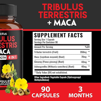 Zolotus Premium Tribulus Terrestris Capsules - Combined with Ashwagandha, Panax Ginseng & Maca - 90 Counts for 3 Months