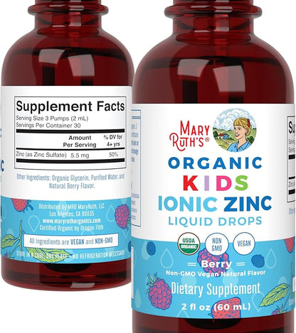 MaryRuth Organics Zinc Supplement for Immune Support, Immune Support Supplement for Kids, Ages 4-13, Zinc Sulfate, Vegan, USDA Organic, Glycerin Based, 2 Fl Oz