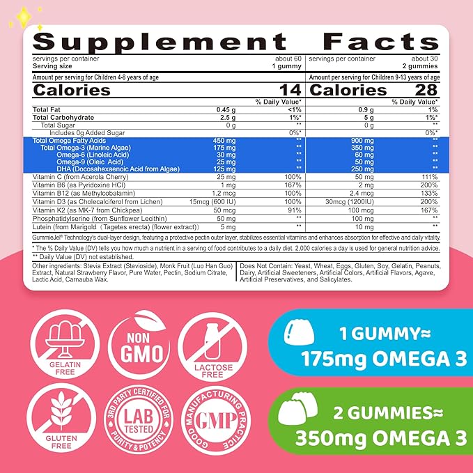 Omega 3 Gummies for Kids 4+, with DHA, Vitamin D3 K2, C, B6, B12, Luetin & Omega 3 6 9, No Fish Taste, Sugar Free Kids Vitamins Gummies, for Brain Bone Eyes Focus Immunity, Fish Oil Alternative, 60Cts