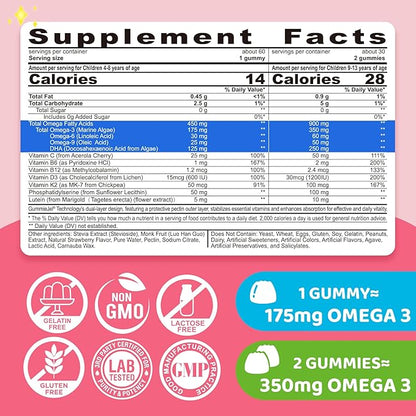 Omega 3 Gummies for Kids 4+, with DHA, Vitamin D3 K2, C, B6, B12, Luetin & Omega 3 6 9, No Fish Taste, Sugar Free Kids Vitamins Gummies, for Brain Bone Eyes Focus Immunity, Fish Oil Alternative, 60Cts