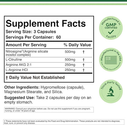 Nitric Oxide Supplement (Stim Free Pre Workout) - Nitric Oxide Booster with Nitrosigine, L Arginine, and L Citrulline (Clinically Studied to Boost No2 Nitric Oxide Flow) 180 Capsules by Double Wood