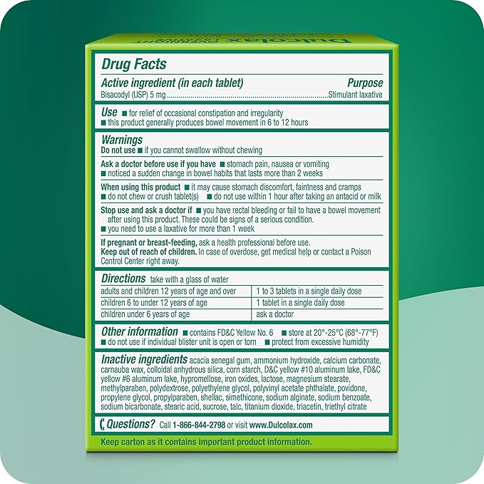 Dulcolax Stimulant Laxative Tablets, Predictable & Effective Constipation Relief, Relieves Straining & Bloating, Bisacodyl 5 mg, 50 Count