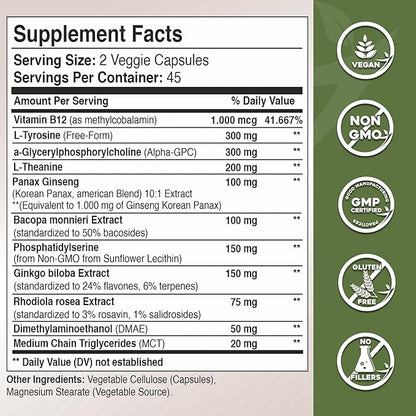 Gade Nutrition Alpha GPC + Ginkgo Biloba + Panax Ginseng + L- Tyrosine, L-Theanine, Bocopa Monnieri, Rhodiola Rosea, B12, MCT