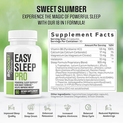 Easy Sleep Pro for Adults - NEW Non-Habit Forming Sleep Aid for Adults | Mood, Sleep, Restfulness Support | 18 Research Backed Ingredients | Melatonin, Magnesium, GABA, Ashwagandha & More - 60 Caps