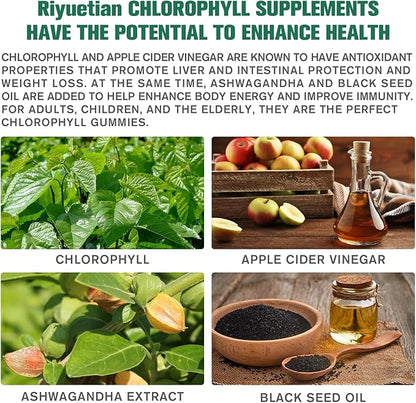 Sugar Free Chlorophyll Gummies - with Unfiltered ACV & Vitamin C、B12 - Energy Boost, Immune & Digestion Support, Natural Deodorant, Skin Care - Vegan, Non-GMO - 120 Gummies