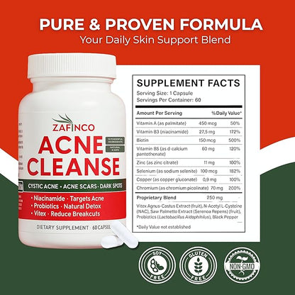Acne Cleanse Capsules.Powerful Vitex Angus Extract, Niacinamide, Biotin for Teens & Adults. Organic Acne Treatment,Cystic Pimples, Oily Skin to Natural Clear Skin Vitamins Supplement- 60 Count