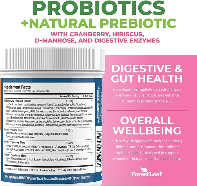 Probiotics for Women, 50 Billion CFU, 26 Unique Strains, Women's Probiotic and Prebiotics Support Digestive Health, w/ Cranberry, Hibiscus & D-Mannose for Vaginal PH Balance, Urinary, Gut (30 Caps)