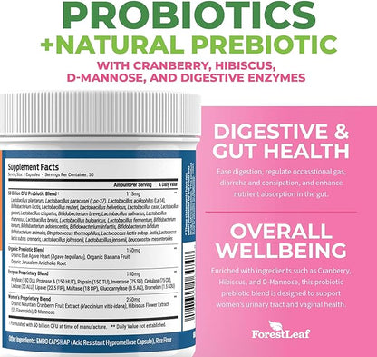 Probiotics for Women, 50 Billion CFU, 26 Unique Strains, Women's Probiotic and Prebiotics Support Digestive Health, w/ Cranberry, Hibiscus & D-Mannose for Vaginal PH Balance, Urinary, Gut (30 Caps)