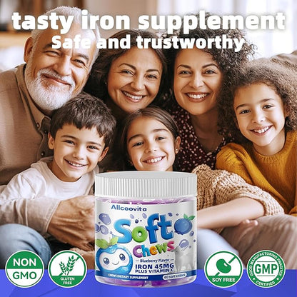 Iron Soft Chews Supplement with Vitamin C | Blueberry Flavored | Gluten Free | Iron Supplement for Women Men and Kids | 60 Count | 2 Month Supply