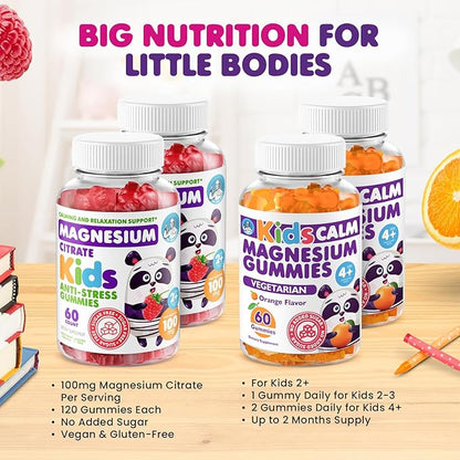 DR. MORITZ Calm Magnesium Gummies for Kids in Orange Flavor (120 Count) and Raspberry Flavor (120 Count) - Magnesium Citrate Supplements - No Sugar Added, Non-GMO