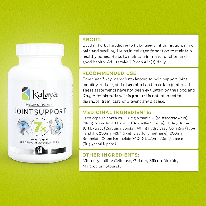 Kalaya 7X Joint Support Supplement - Designed by Medical Professionals - for Joints, Bone Health, and Muscle Support - with Turmeric, Collagen, and Vitamin C - 60 ct