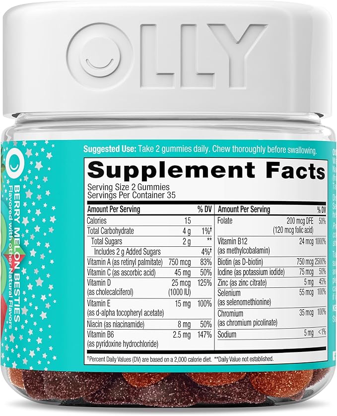 OLLY Teen Girl Multi Gummy, Healthy Skin and Immune Support, 15 Essential Vitamins, Biotin, Zinc, Calcium, Chewable Multivitamin, Berry Melon, 35 Day Supply, 70 Count (Pack of 2)