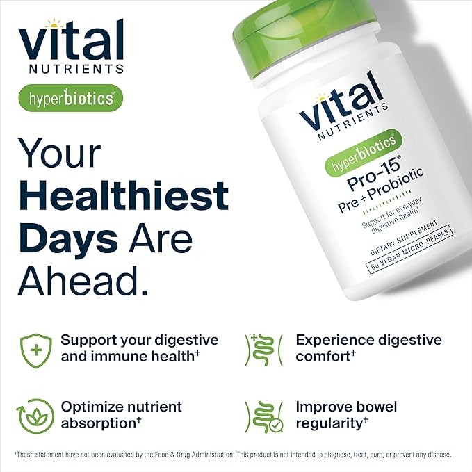 Hyperbiotics Vital Nutrients Pro-15 Prebiotics + Probiotics for Women and Men | 15 Science Backed Strains | Supports Occasional Constipation, Diarrhea, Gas & Bloating | 60 Vegan Time Release Pearls